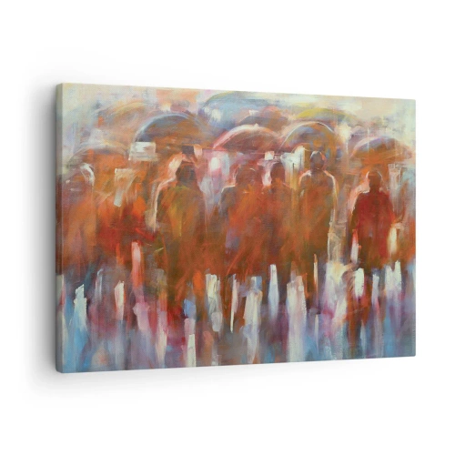Canvastavla - Bild på duk - En folkmassa med paraplyer i en regnig, konstnärlig miljö - 70x50cm - Jämna i regn och dimma - Modern väggdekoration för vardagsrum och sovrum ARTTOR