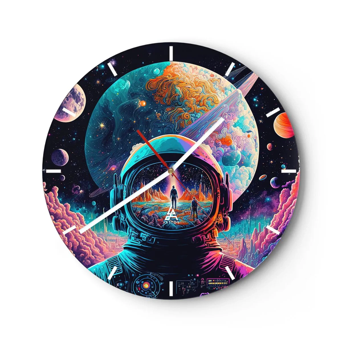 Väggklocka - Klocka på glas - Astronaut i färgglatt rymd med planetreflektion - 30x30cm - Filosofer har aldrig drömt - Modern väggdekoration för vardagsrum, kök och sovrum ARTTOR