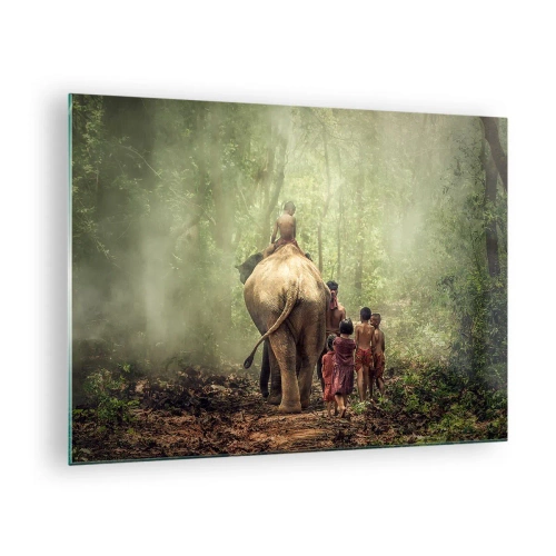 Glastavla - Bild på glas - En elefant i skogen med barn i traditionella dräkter - 70x50cm - Nya Djungelboken - Modern väggdekoration för vardagsrum och sovrum ARTTOR