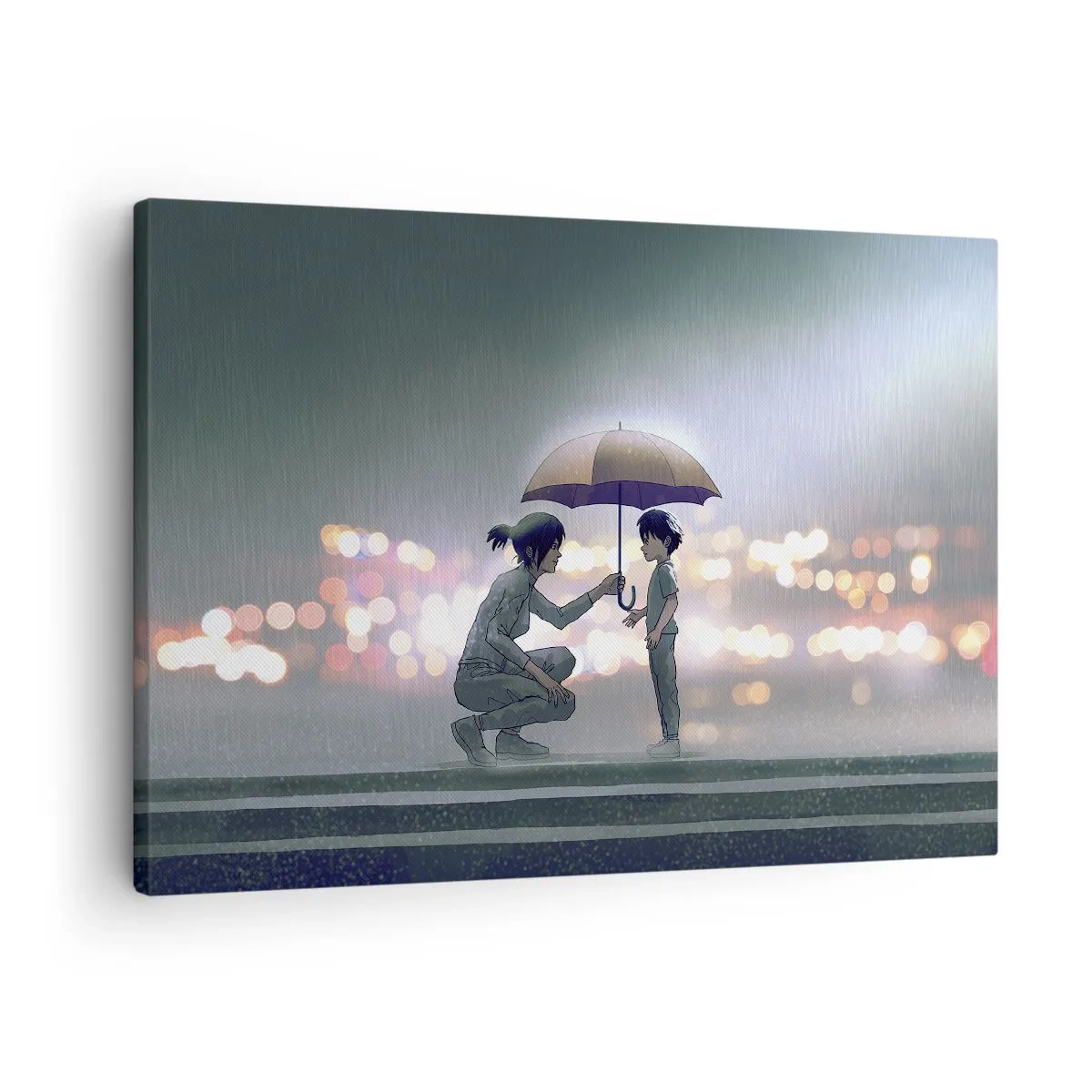 Canvastavla - Bild på duk - En figur med ett paraply som skyddar ett barn mot bakgrund av nattljus. - 70x50cm - Och allt är väl nu - Modern väggdekoration för vardagsrum och sovrum ARTTOR