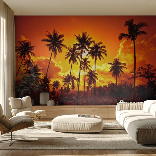 Fototapet Standard Eco - Palmer mot en gyllene himmel vid solnedgången - 100x70cm - Fjällen brinner, skogen brinner - Modern väggdekoration för vardagsrum och sovrum ARTTOR