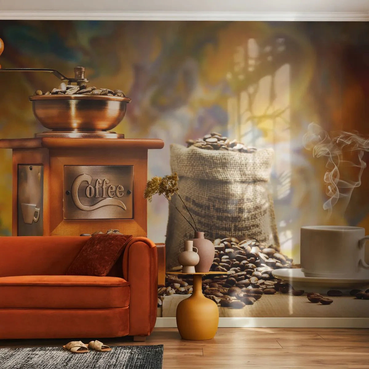 Fototapet Standard Eco - En kaffekvarn, en påse bönor och en kopp rykande hett kaffe - 100x70cm - Knastrande bönor, bullrande kvarn - Modern väggdekoration för vardagsrum och sovrum ARTTOR