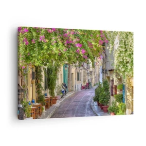 Canvastavla - Bild på duk - En charmig gata med blommande vinrankor och kafébord - 70x50cm - Blommande gata - Modern väggdekoration för vardagsrum och sovrum ARTTOR