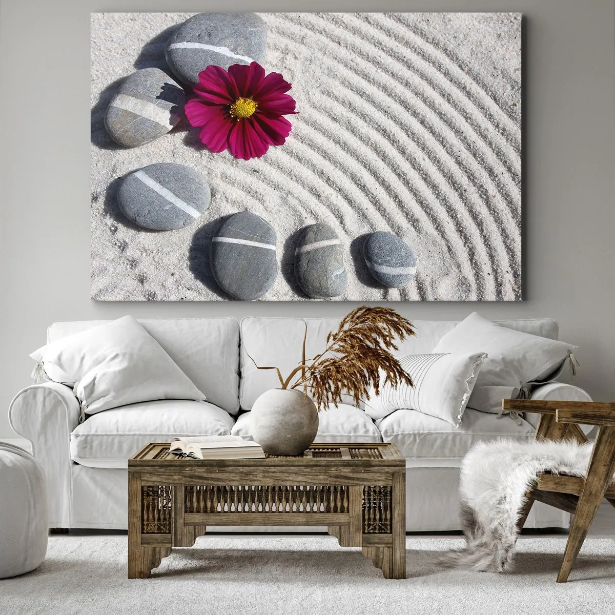 Canvastavla - Bild på duk - Stenar och en rosa blomma på sanden i zenstil - 70x50cm - Den magiska naturkretsens energi och lugn - Modern väggdekoration för vardagsrum och sovrum ARTTOR