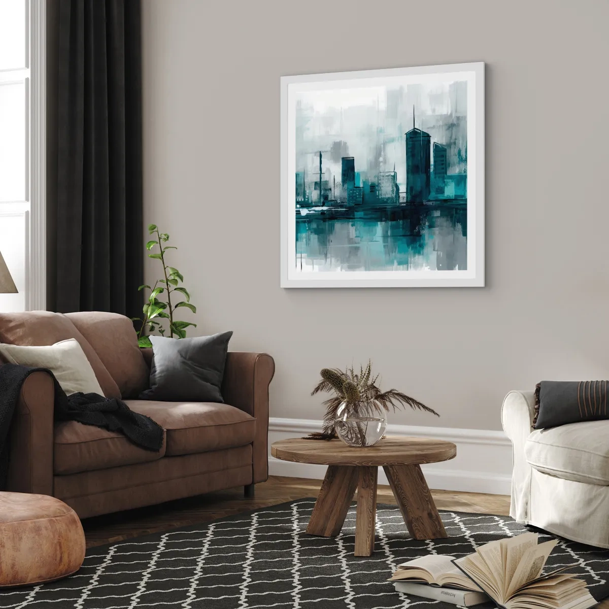 Affisch i vit ram - Regnfärgad stad - 60x60 cm