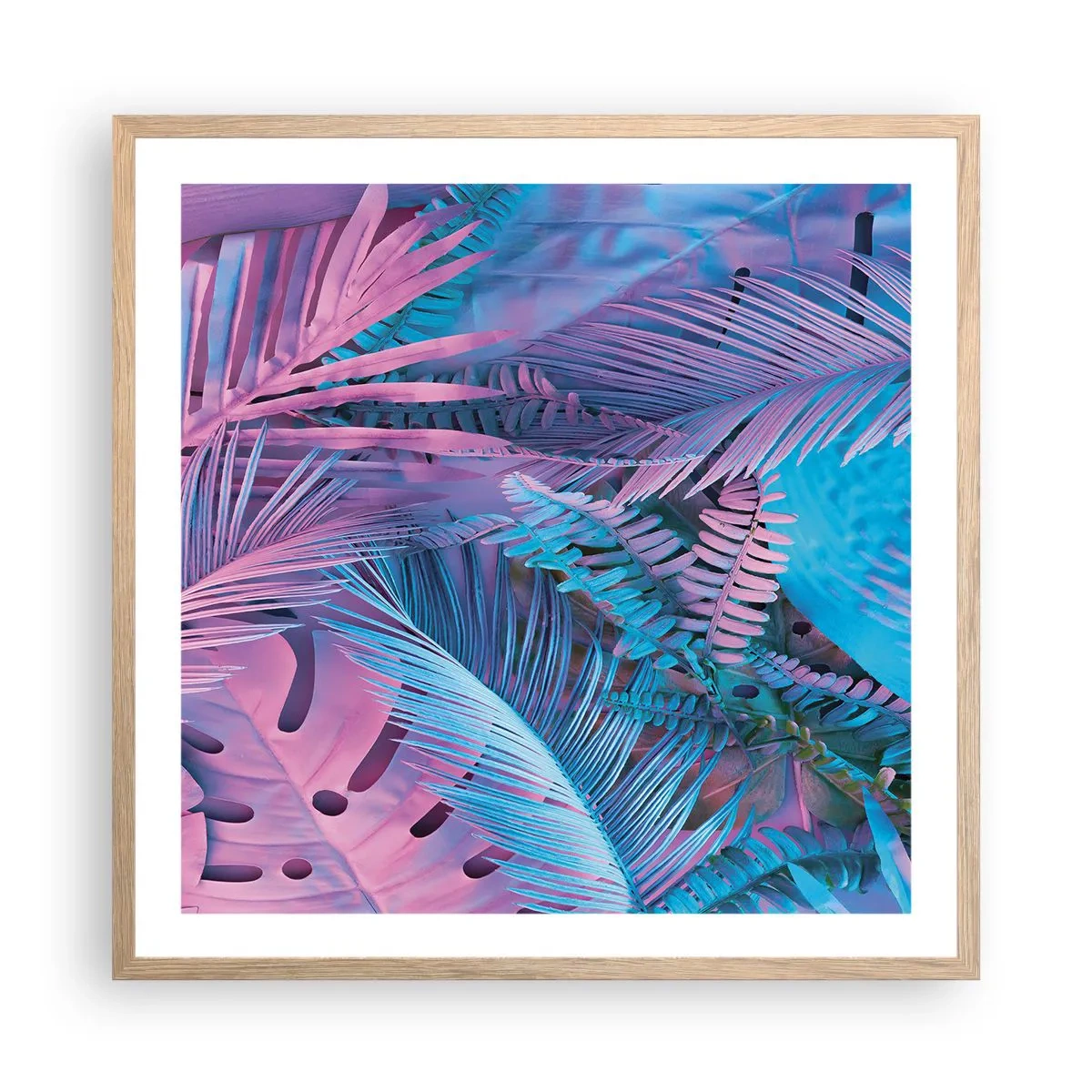 Affisch i ram av ljusek - Tropiken i rosa och blått - 60x60 cm