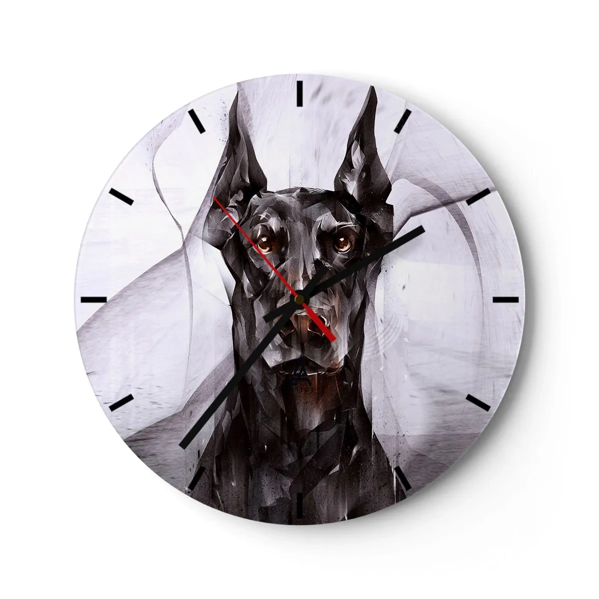 Väggklocka - Klocka på glas - Porträtt av en doberman i modern geometrisk stil - 30x30cm - Rasren - Modern väggdekoration för vardagsrum, kök och sovrum ARTTOR