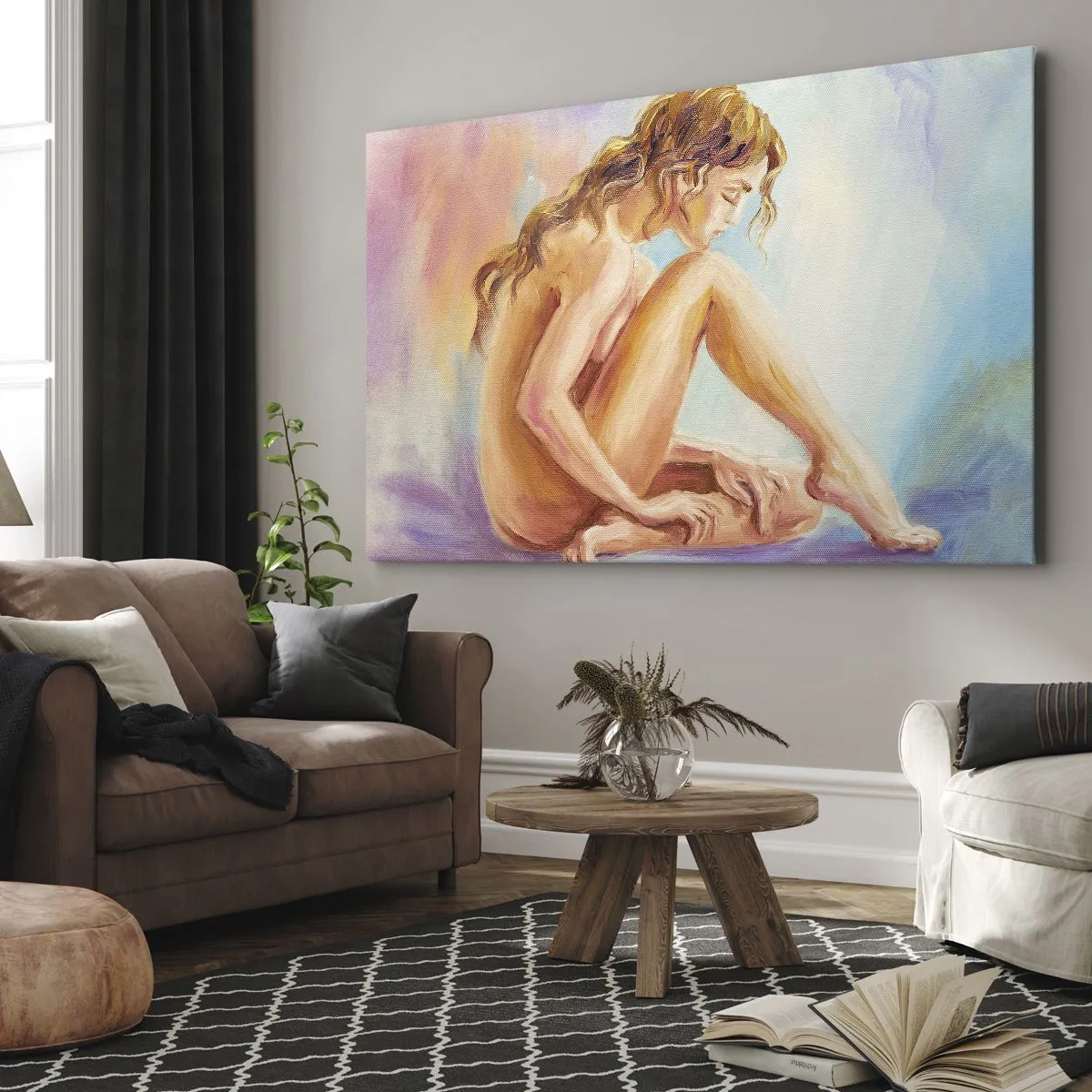 Canvastavla - Bild på duk - En delikat kvinnafigur mot pastellbakgrund - 70x50cm - Kärlekens akt - Modern väggdekoration för vardagsrum och sovrum ARTTOR