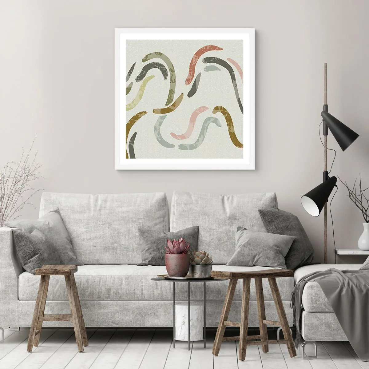 Affisch i vit ram - Abstraktionens glada dans - 60x60 cm