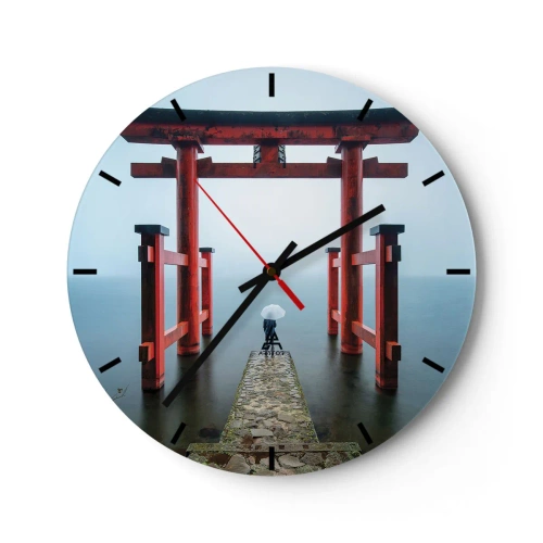 Väggklocka - Klocka på glas - Röd Torii-porten över stilla vatten i dimman - 30x30cm - Japansk begrundan - Modern väggdekoration för vardagsrum, kök och sovrum ARTTOR