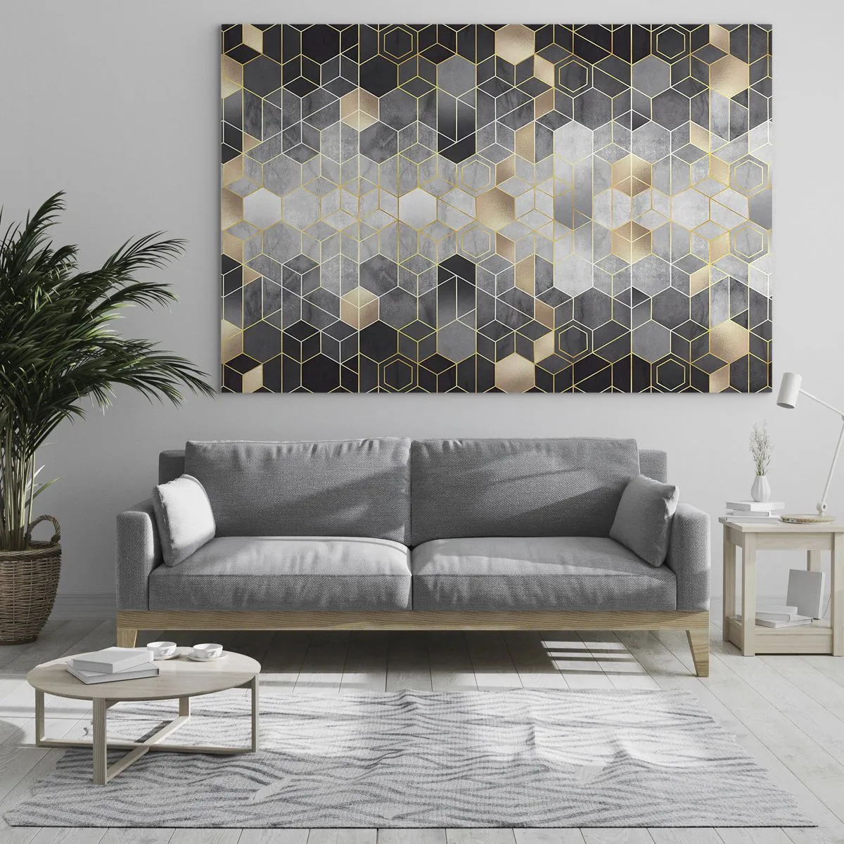 Glastavla - Bild på glas - Geometriskt mönster av hexagoner i gyllene linjer - 70x50cm - Diamantkomposition - Modern väggdekoration för vardagsrum och sovrum ARTTOR