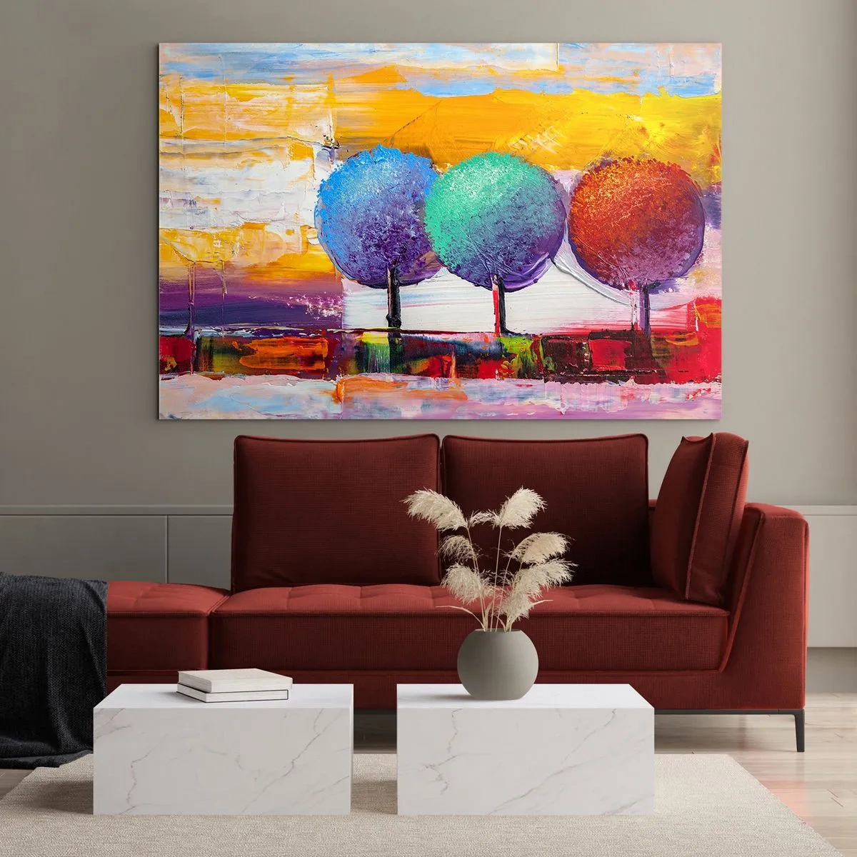 Glastavla - Bild på glas - Färgglada abstrakta träd på en intensiv bakgrund - 70x50cm - Tredje gången gillt - Modern väggdekoration för vardagsrum och sovrum ARTTOR