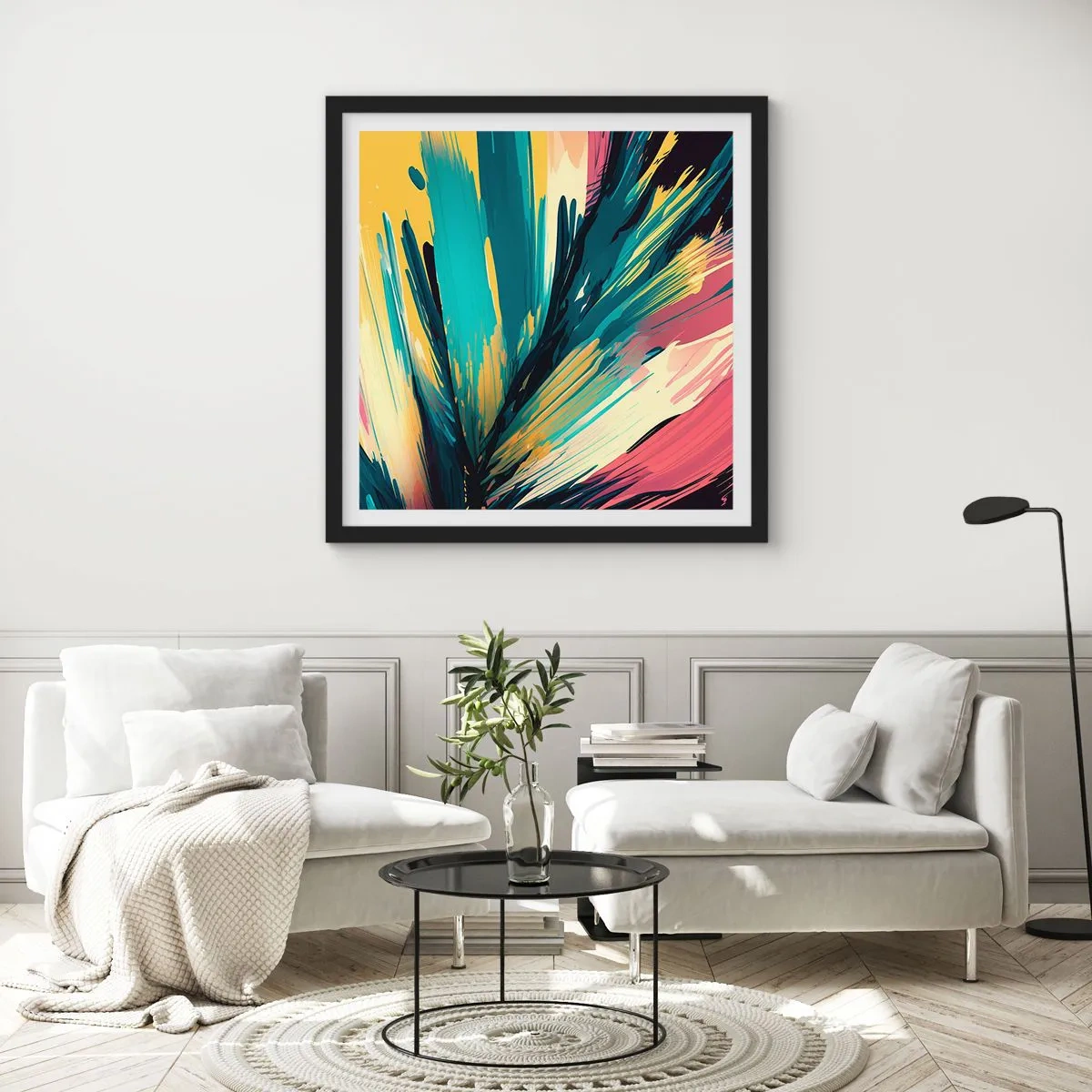 Affisch i svart ram - Komposition - en explosion av glädje - 60x60 cm