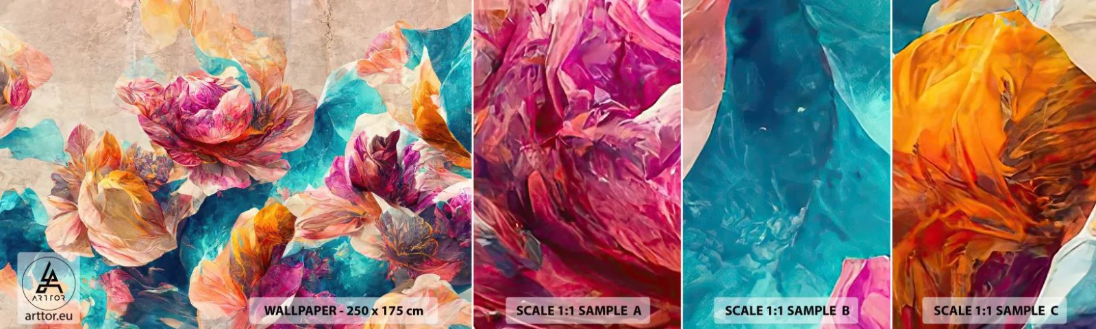 Provbit av självhäftande fototapet Deluxe Sticker - Den färgsprakande prakten hos en bukett - Blommor, Pastell, Bit - 100x30 cm