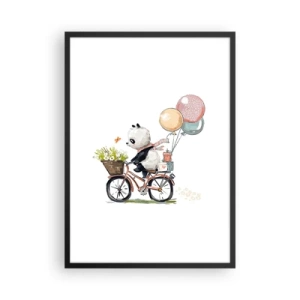 Affisch i svart ram - Panda på cykel med ballonger och blommor i sagostil - 50x70cm - Lycklig dag - Modern väggdekoration för vardagsrum och sovrum ARTTOR