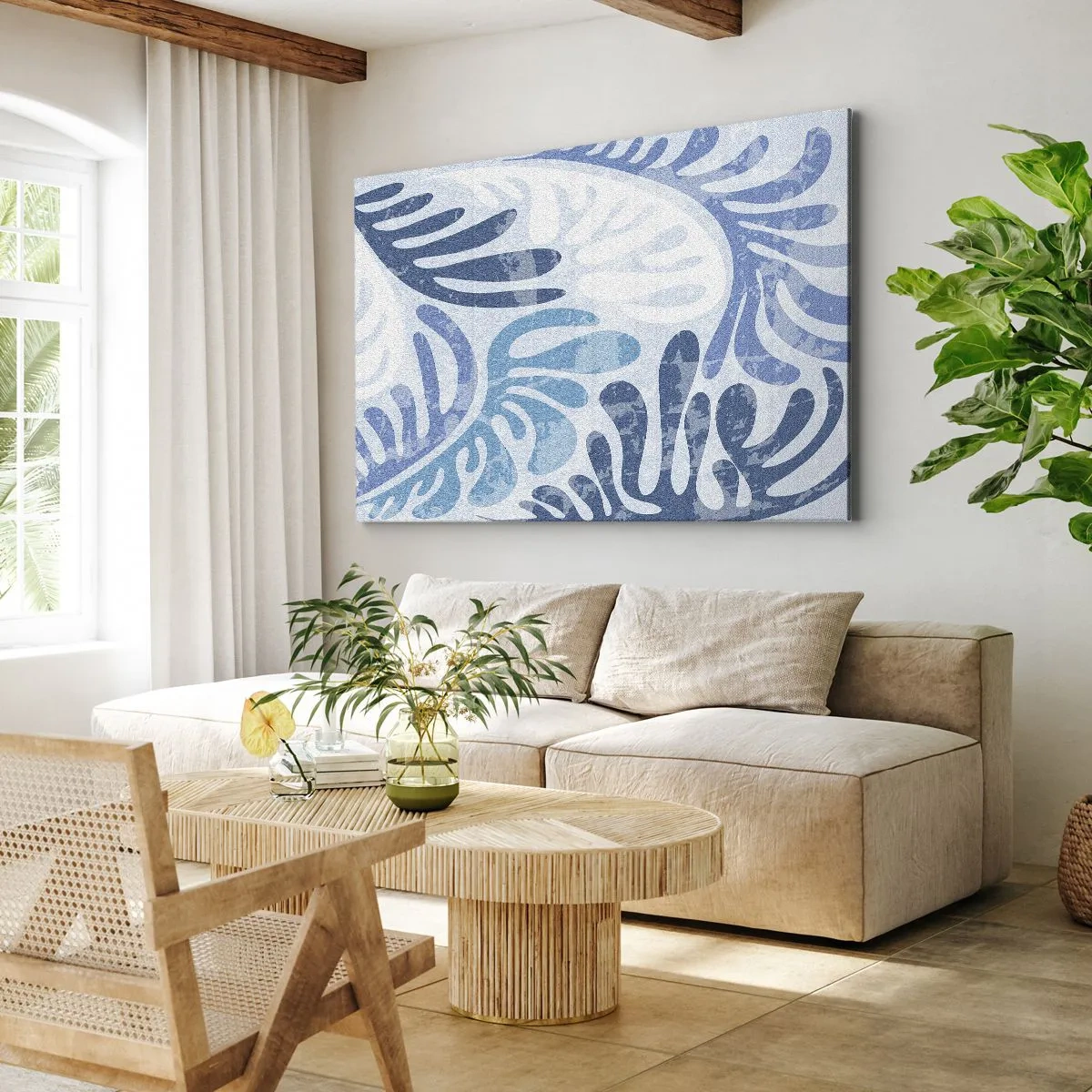 Canvastavla - Bild på duk - Abstrakta former i nyanser av blått på en vit bakgrund - 70x50cm - Blåa ormbunkar - Modern väggdekoration för vardagsrum och sovrum ARTTOR