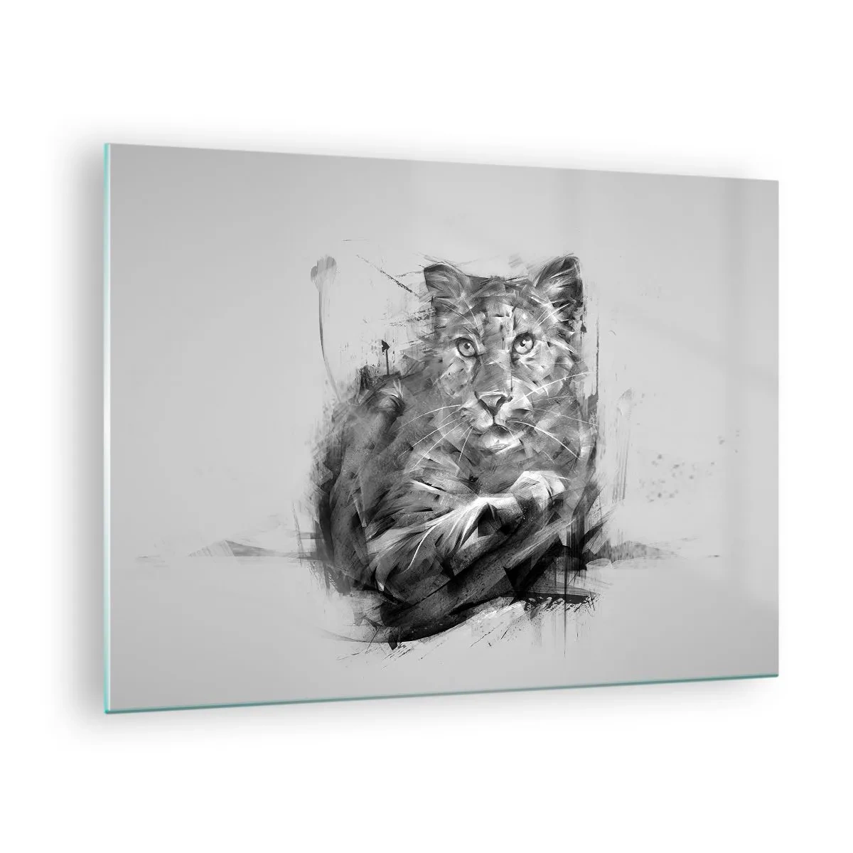 Glastavla - Bild på glas - En teckning av en tiger i monokrom stil mot en ljus bakgrund - 70x50cm - Ja, jag lyssnar noga - Modern väggdekoration för vardagsrum och sovrum ARTTOR
