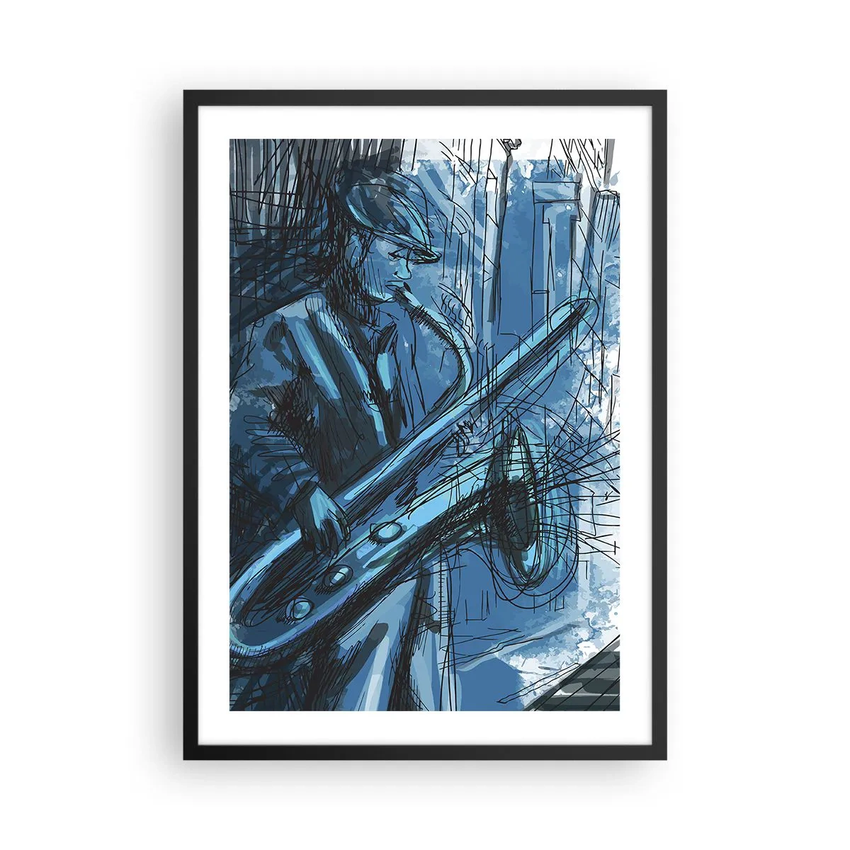 Affisch i svart ram - Konstnärlig skiss av en musiker som spelar saxofon - 50x70cm - Stadsrapsodi - Modern väggdekoration för vardagsrum och sovrum ARTTOR