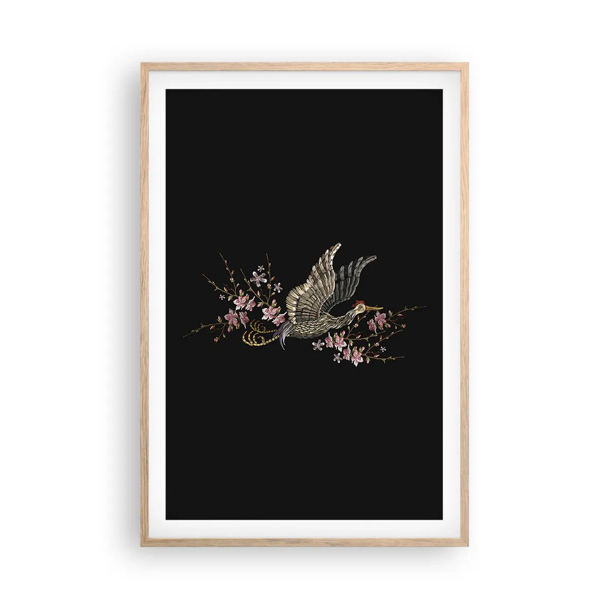 Affisch i ram av ljusek - Exotisk, broderad fågel - 61x91 cm