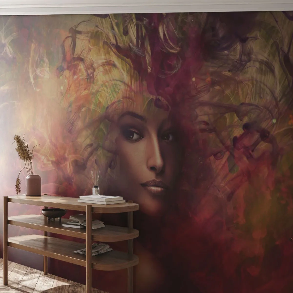 Fototapet Standard Eco - En mystisk kvinna omgiven av virvlande färger och dimma. - 100x70cm - Här är jag! - Modern väggdekoration för vardagsrum och sovrum ARTTOR