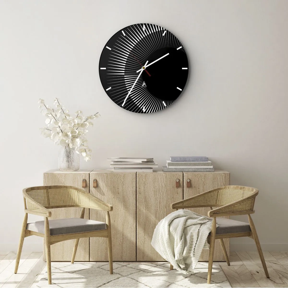 Väggklocka - Klocka på glas - Svart sol - 30x30 cm