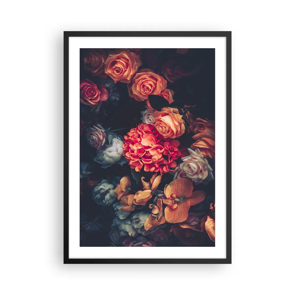Affisch i svart ram - En komposition av mörka blommor med en antydan till barock estetik - 50x70cm - Som hos de holländska mästarna - Modern väggdekoration för vardagsrum och sovrum ARTTOR