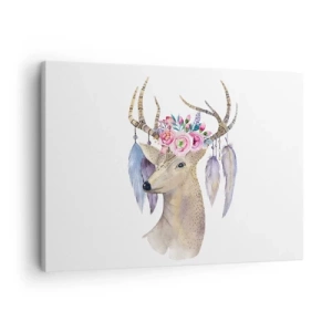 Canvastavla - Bild på duk - Romantisk hjortgrafik med blommor och fjädrar - 70x50cm - Själguide - delikat, oskyldig - Modern väggdekoration för vardagsrum och sovrum ARTTOR