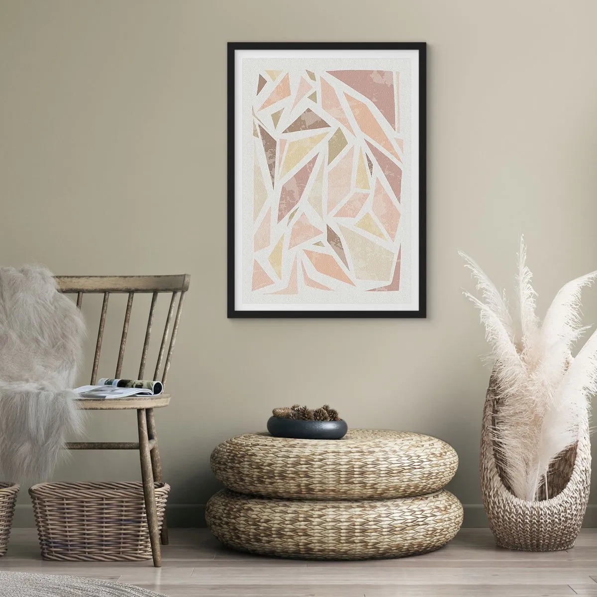 Affisch i svart ram - Geometrisk abstraktion i pastellfärger - 50x70cm - Komposition av färgat glas - Modern väggdekoration för vardagsrum och sovrum ARTTOR