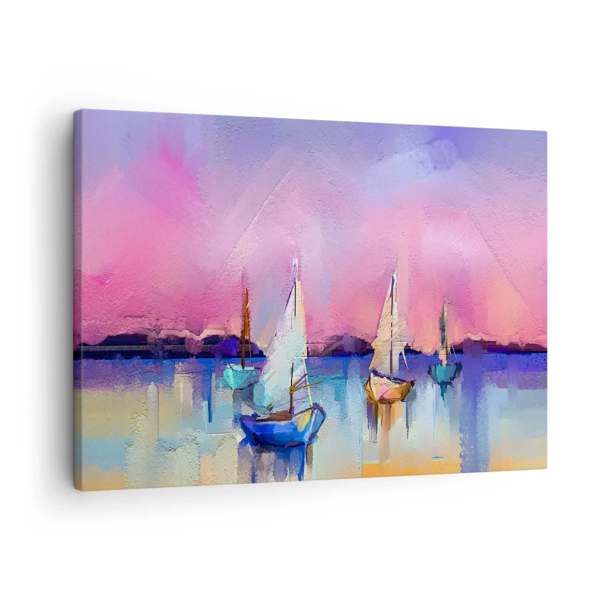 Canvastavla - Bild på duk - Segelbåtar på ett lugnt hav i solnedgångens pastellfärger - 70x50cm - Riktning: öppet vatten - Modern väggdekoration för vardagsrum och sovrum ARTTOR