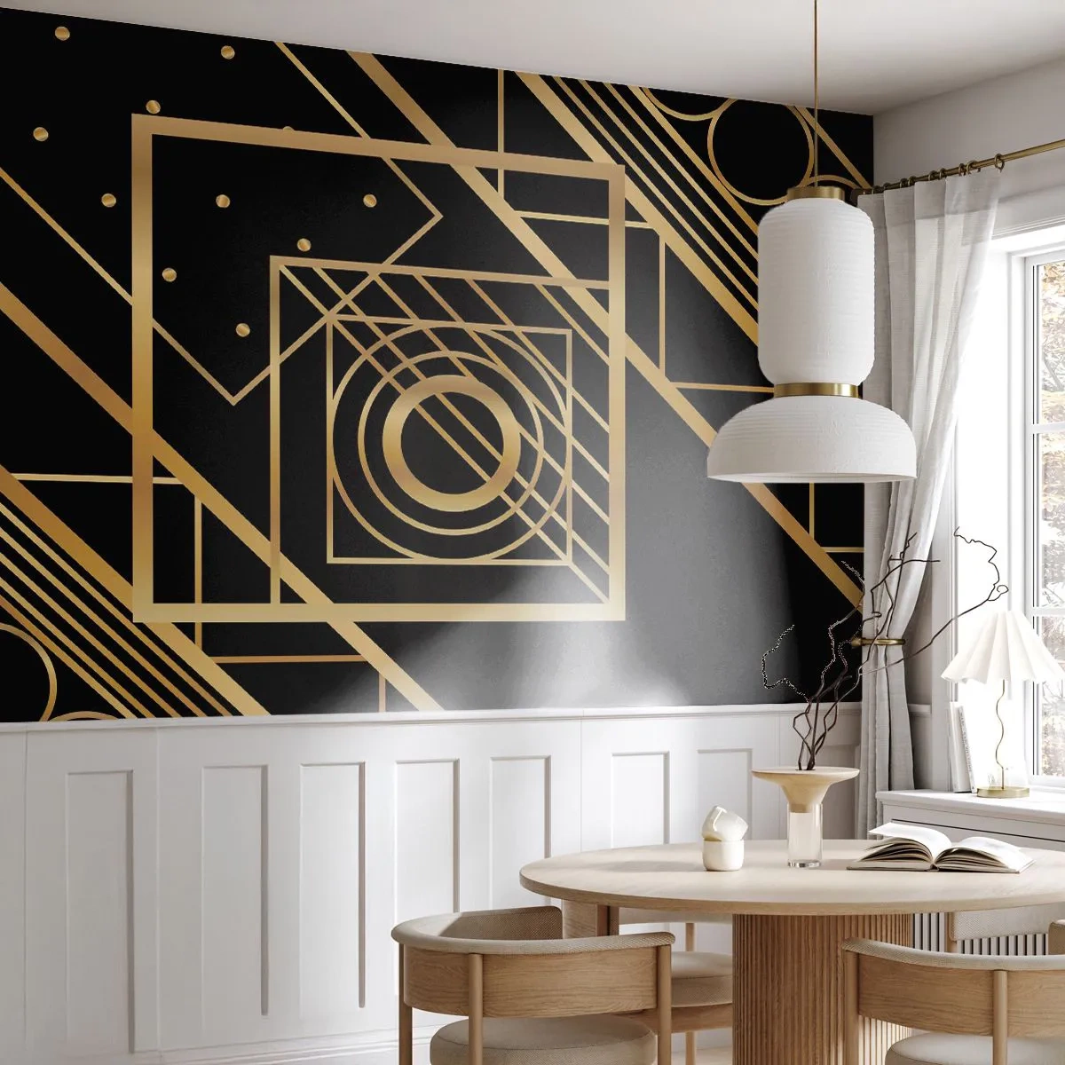 Fototapet Standard Eco - Konstnärlig geometrisk komposition i guld och svart - 100x70cm - Gyllene geometri - Modern väggdekoration för vardagsrum och sovrum ARTTOR