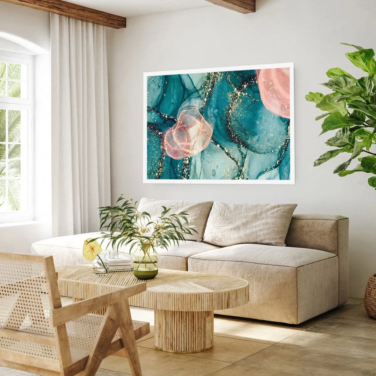 Affisch - Sidenblå, tyllrosa - 100x70 cm