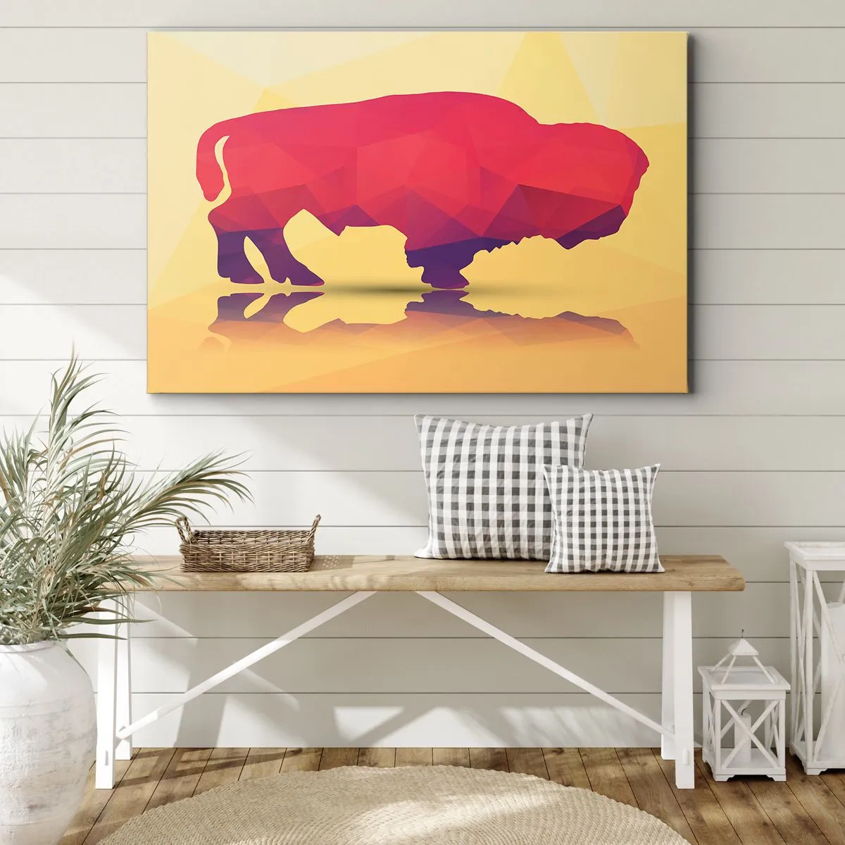 Canvastavla - Bild på duk - Geometrisk silhuett av en bisonoxe i nyanser av rött och lila - 70x50cm - Visentens amaranta styrka - Modern väggdekoration för vardagsrum och sovrum ARTTOR