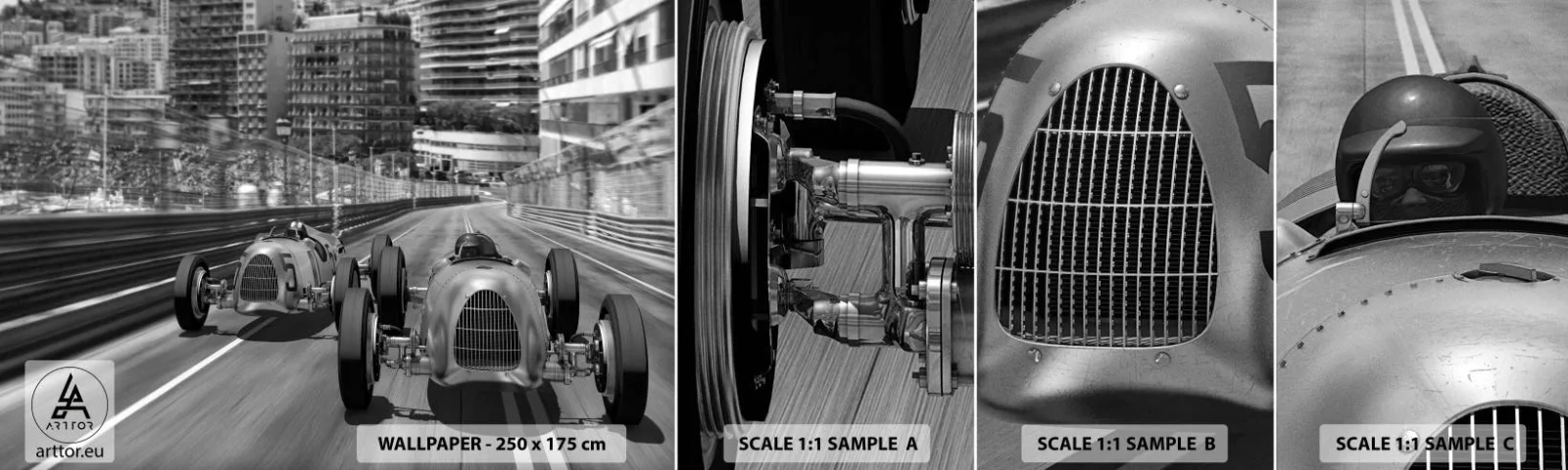 Provbit av självhäftande fototapet Deluxe Sticker - För länge sedan i Monte Carlo - Bil, Lopp, Årgång - 100x30 cm