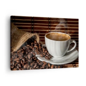 Canvastavla - Bild på duk - En kopp kaffe med bönor på en bambubakgrund - 70x50cm - Kolets svärta, bärnstenens transparens - Modern väggdekoration för vardagsrum och sovrum ARTTOR