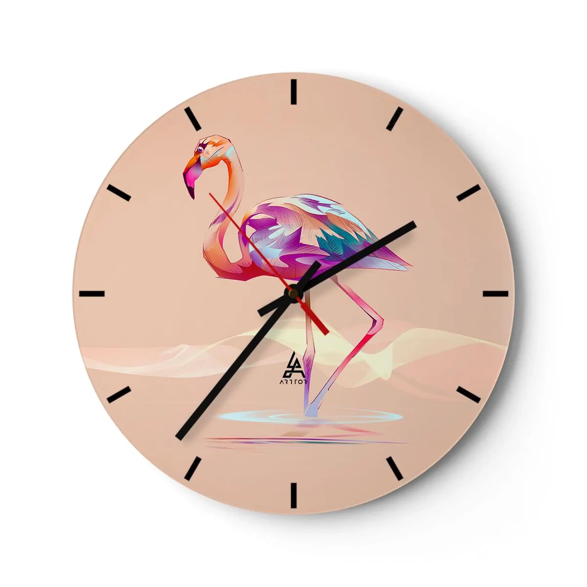 Väggklocka - Klocka på glas - Flamingo med ett geometriskt mönster på en beige bakgrund - 30x30cm - Goda emotioners fågel - Modern väggdekoration för vardagsrum, kök och sovrum ARTTOR