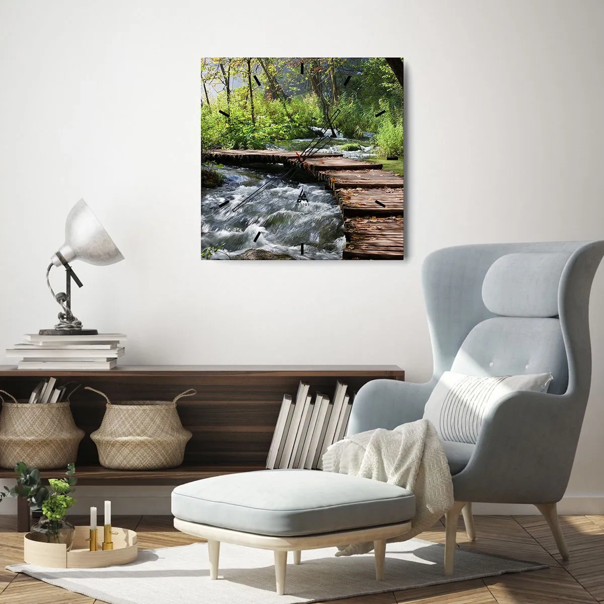 Väggklocka - Klocka på glas - Över skummande kaskad - 40x40 cm