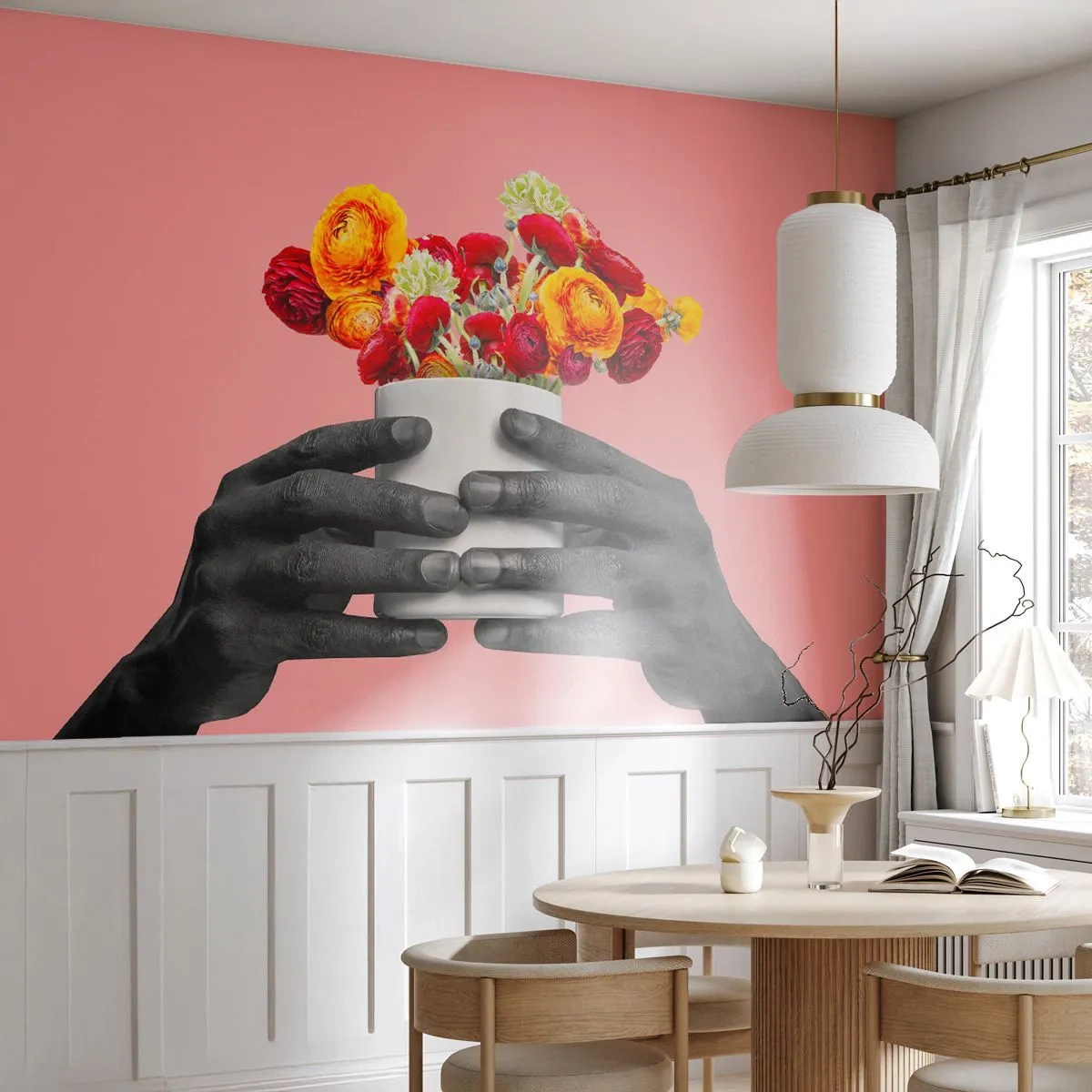 Fototapet Standard Eco - Svarta och vita händer som håller en färgglad blombukett - 100x70cm - Livets apoteos - Modern väggdekoration för vardagsrum och sovrum ARTTOR