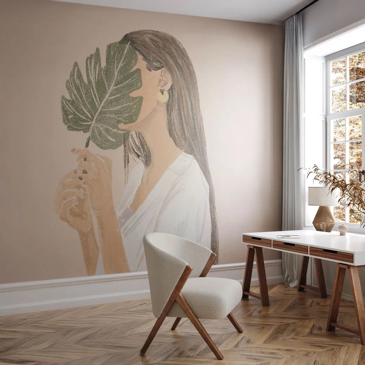 Självhäftande Fototapet Deluxe Sticker - Mystiskt porträtt med solfjäder - Blad, Kvinna, Boho - 250x175 cm