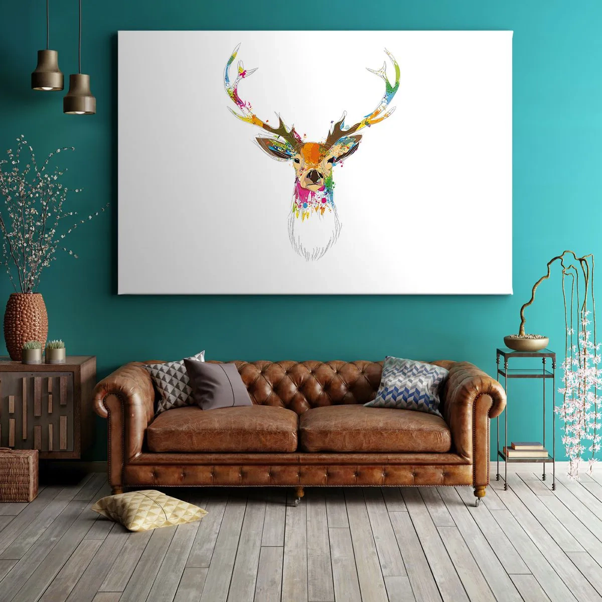 Canvastavla - Bild på duk - Hjort badar i färg - 100x70 cm