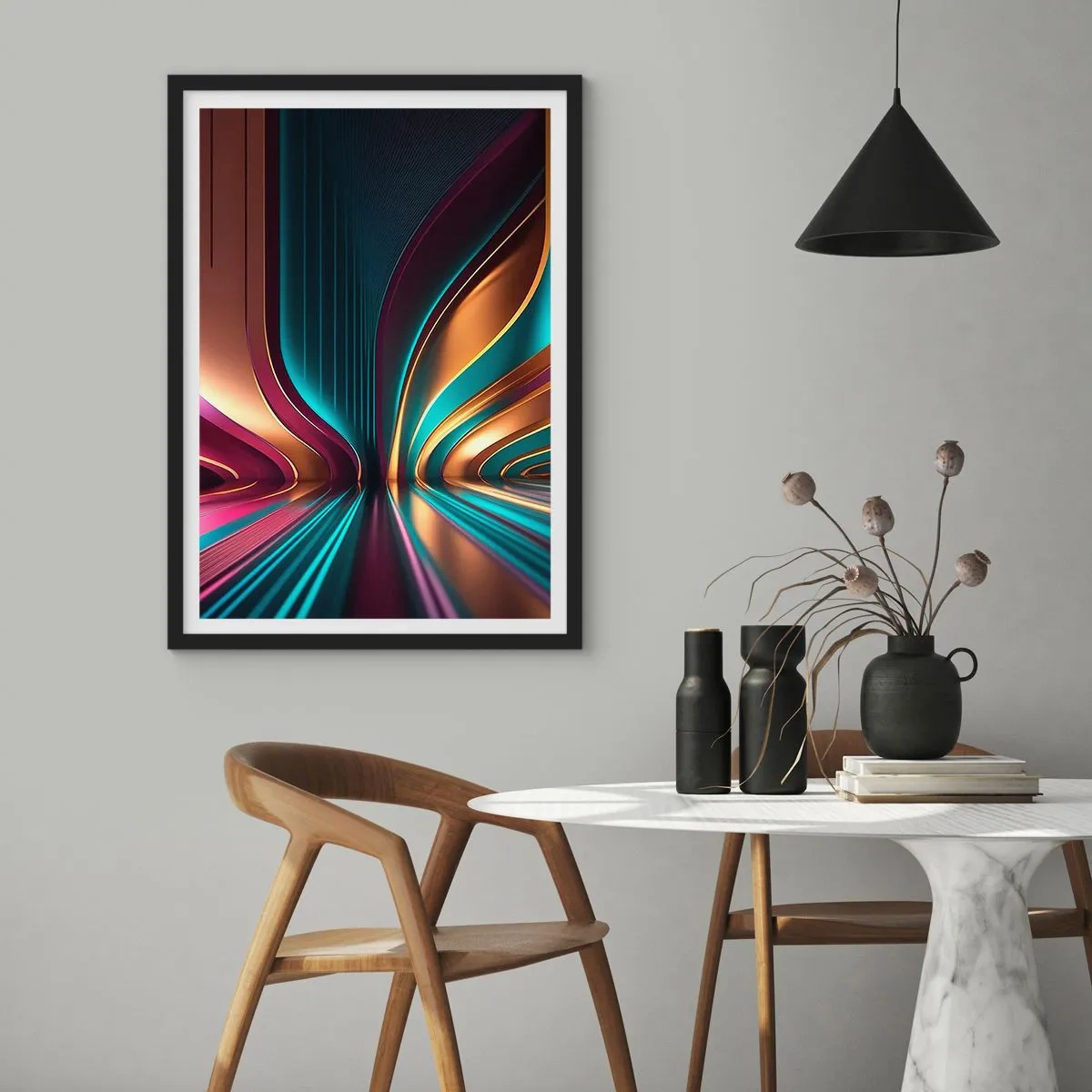 Affisch i svart ram - Futuristisk abstraktion i guld och turkosa färger - 50x70cm - Ljusets arkitektur - Modern väggdekoration för vardagsrum och sovrum ARTTOR