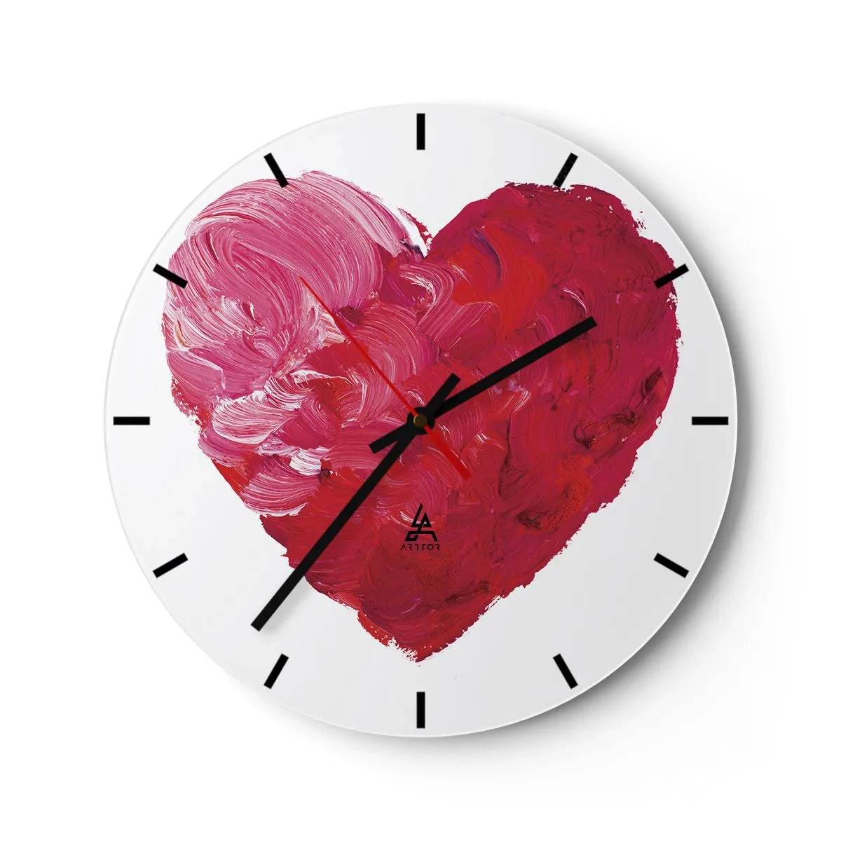 Väggklocka - Klocka på glas - Målat hjärta i nyanser av rött och rosa - 30x30cm - All you need is love - Modern väggdekoration för vardagsrum, kök och sovrum ARTTOR