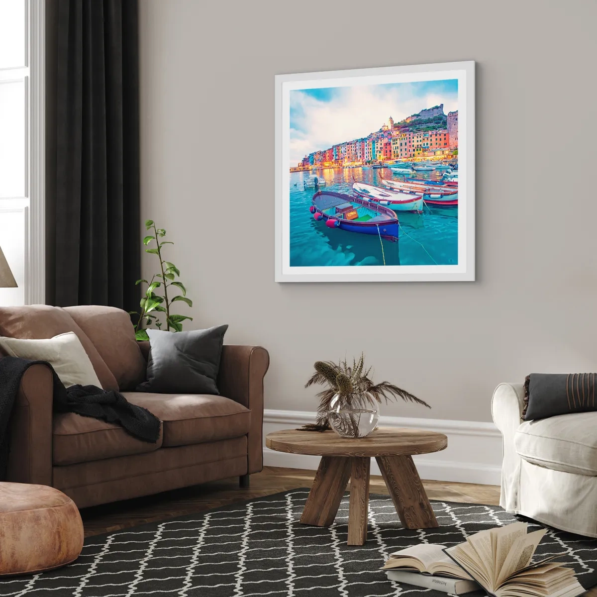 Affisch i vit ram - Färgglad kväll i hamnen - 30x30 cm