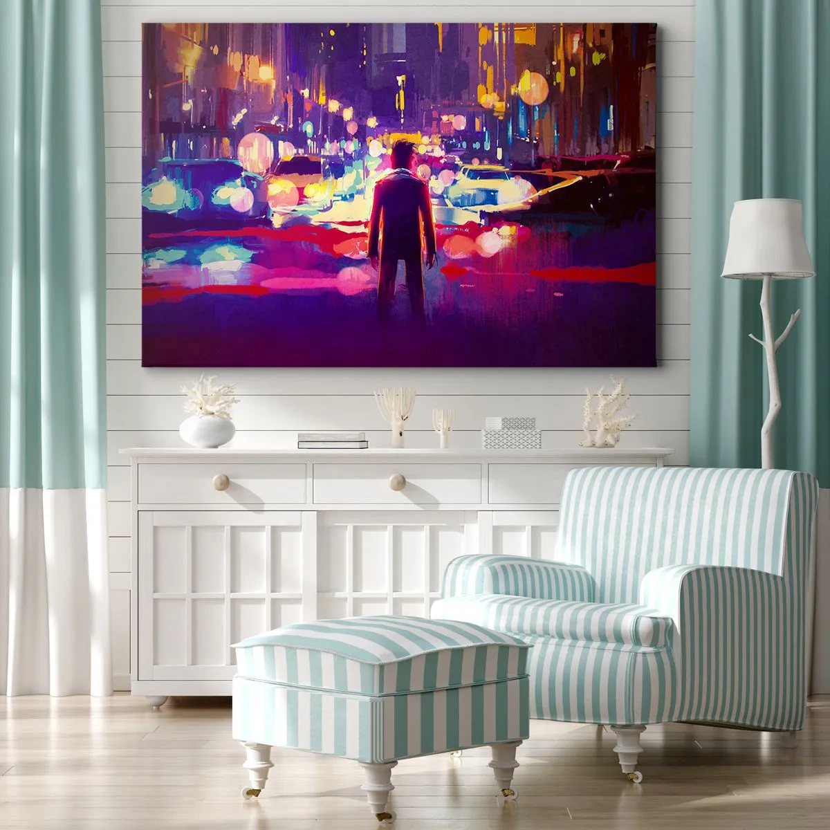 Canvastavla - Bild på duk - En man i en neonstadsnattscen - 70x50cm - Doppad i ljuset - Modern väggdekoration för vardagsrum och sovrum ARTTOR