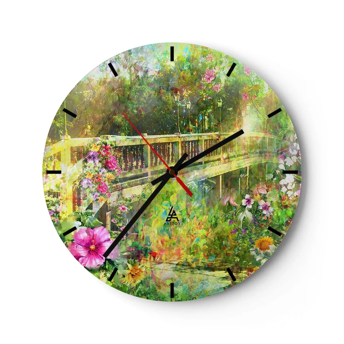 Väggklocka - Klocka på glas - En bro omgiven av blommor i sommarträdgården - 30x30cm - Vårsuckarnas bro - Modern väggdekoration för vardagsrum, kök och sovrum ARTTOR