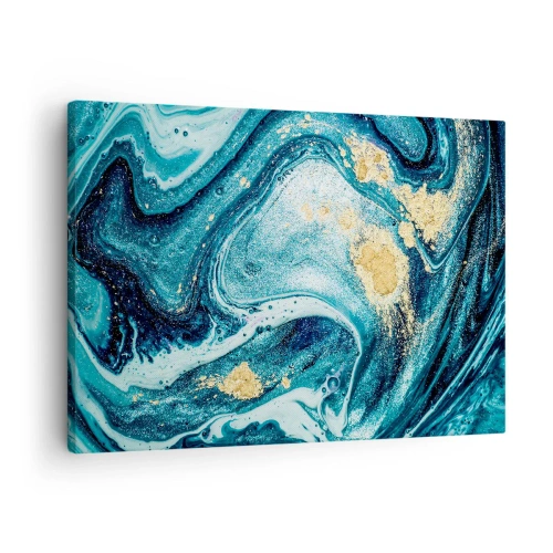 Canvastavla - Bild på duk - En abstrakt komposition av vågor och gyllene accenter - 70x50cm - Blå virvel - Modern väggdekoration för vardagsrum och sovrum ARTTOR