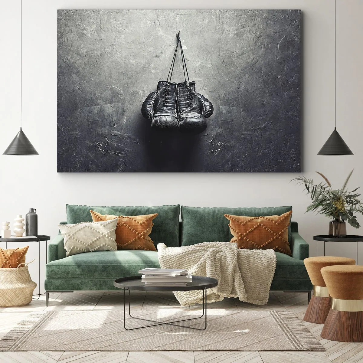 Canvastavla - Bild på duk - Gamla boxningshandskar mot väggen - 70x50cm - Stridens tid och fredens tid - Modern väggdekoration för vardagsrum och sovrum ARTTOR