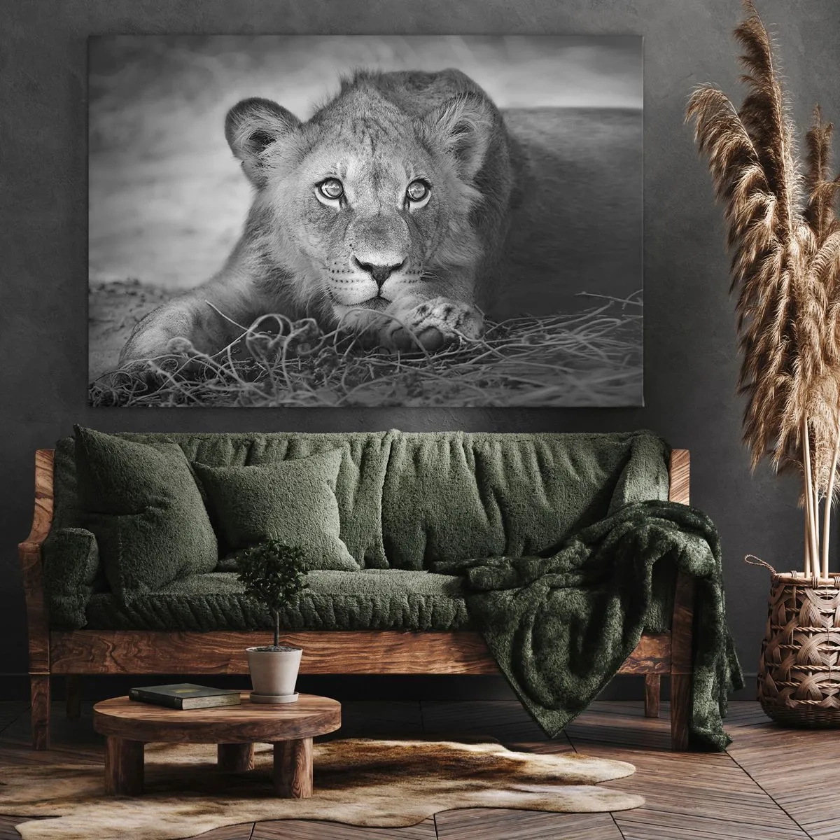Canvastavla - Bild på duk - Monokromt porträtt av ett liggande ungt lejon - 70x50cm - Kunglig valp - Modern väggdekoration för vardagsrum och sovrum ARTTOR