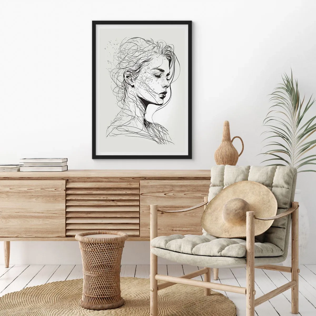 Affisch i svart ram - En skiss av en kvinna med böljande hår, skapad i minimalistisk stil. - 50x70cm - Porträtt i drömmar - Modern väggdekoration för vardagsrum och sovrum ARTTOR
