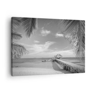Canvastavla - Bild på duk - Svartvit strand med pir och palmer på en tropisk kust - 70x50cm - Minne eller dröm? - Modern väggdekoration för vardagsrum och sovrum ARTTOR