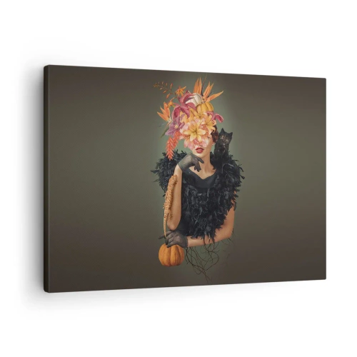 Canvastavla - Bild på duk - Porträtt av en kvinna med höstmotiv och en katt - 70x50cm - Häxans troll - Modern väggdekoration för vardagsrum och sovrum ARTTOR